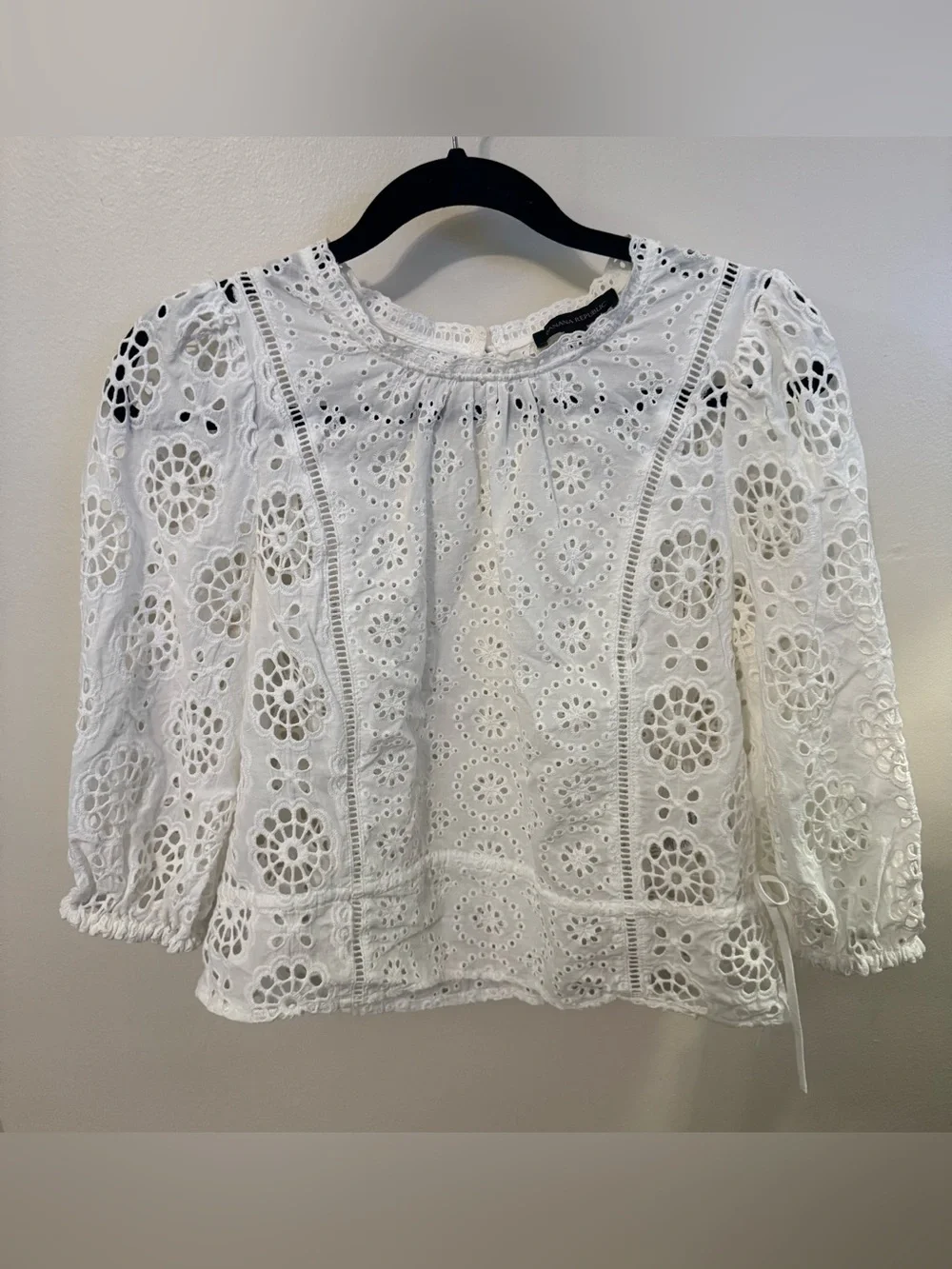 White Eyelet Lace Puff-Sleeve Blouse